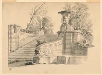 Desenho, Fantasia. Uma escadaria em um parque, em ruínas